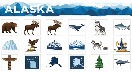 Collection of Alaskan Icons and Symbols including wildlife, landmarks, and maps
