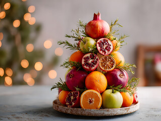 Creative fruit Christmas tree with pomegranates, apples, citrus, rosemary, and dried orange slices, styled for a warm festive atmosphere.
