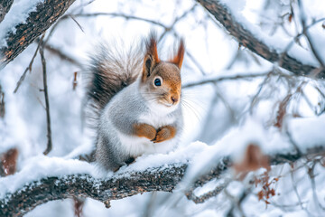 Fototapeta premium A fluffy squirrel perched on a snowy branch in winter scenery.