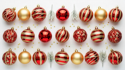 Red and gold holiday baubles arranged in clean flat lay style
