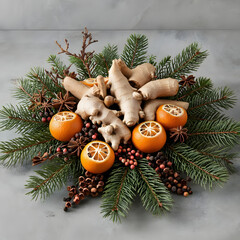 Winter holiday centerpiece with ginger, clove-studded oranges, pine branches, and peppercorn clusters, creating warm and rustic festive ambiance