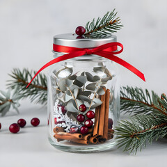 Transparent glass jar with miniature winter floral arrangement of dried eucalyptus, cranberries, and cinnamon sticks, silver lid tied with red ribbon and pine sprig