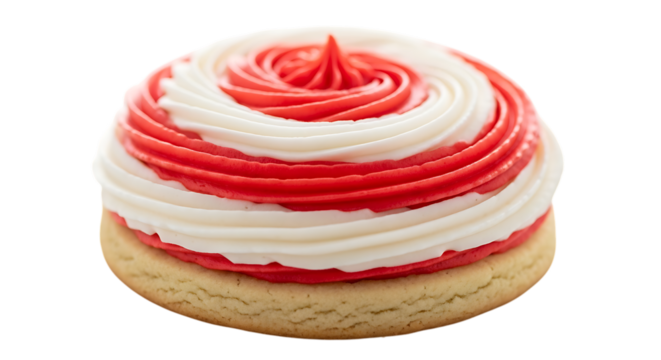 Festive red and white swirled frosting on a round cookie isolated on transparent background