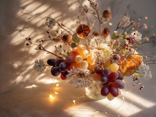 Festive bouquet of frosted grapes, cranberries, dried citrus, and twigs, styled with soft candle and fairy lights, casting magical shadows and warm winter vibes.