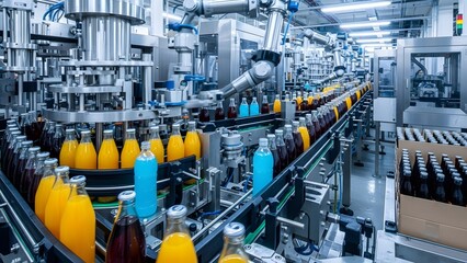Automated bottling process with robotic arms and conveyor belts filling glass bottles with liquids