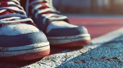 Worn retro athletic shoes on the playground surface close up view