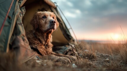 A golden retriever sitting patiently in a tent during sunset, representing loyalty and companionship, encapsulating the calm beauty of camping in the great outdoors.