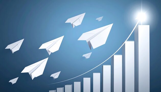 Paper airplanes soaring upwards toward a bright light with financial growth graph. The image conveys the ideas of growth and targets. 