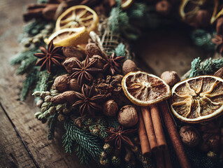 Festive holiday wreath featuring cinnamon, star-shaped anise, dried oranges, and muscat nuts, styled in cozy warm vintage colors