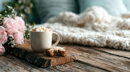An inviting scene showcasing a cozy cup of coffee alongside a delicious dessert and fresh flowers, symbolizing comfort, warmth, and the simple joys of everyday moments.