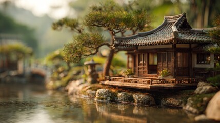 Tranquil Asian Miniature Building Scenery Surrounded by Lush Greenery
