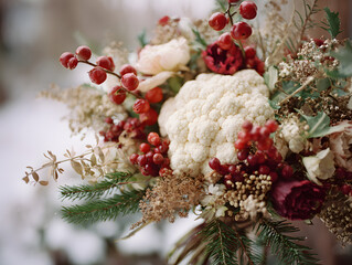 Cozy winter floral composition with white cauliflower, red berries, fir branches, and dried seed pods, styled in blush and green tones.