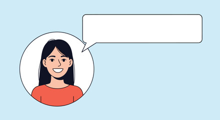 Smiling cartoon woman in a circle with an empty speech bubble next to her, ready for text on a light blue background.