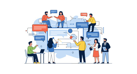 Fototapeta premium Diverse business professionals collaborate in a modern office, analyzing data on a large screen and engaging in strategic discussions.