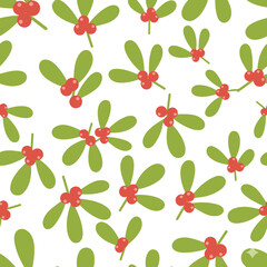 A festive seamless pattern featuring scattered sprigs of mistletoe with green leaves and red berries on a white background.
