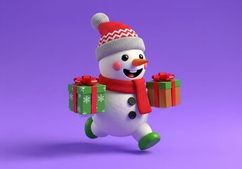 Cute Snowman Running Carrying Christmas Gifts Holiday Celebration