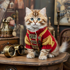 Adorable cat dressed in steampunk holiday costume, featuring brass cogwheels, red velvet cloak, and tiny mechanical reindeer hat in a workshop setting