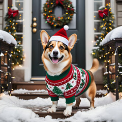 Playful corgi in a festive Christmas sweater and Santa hat, posing on a snowy doorstep decorated with wreaths and glowing fairy lights.