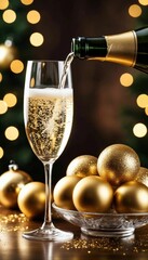 Sparkling champagne being poured into a tall glass, surrounded by golden ornaments and festive bokeh lights, creating a celebratory holiday atmosphere