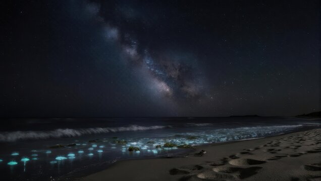 Night beach scene. Bioluminescent waves glow under Milky Way and stars. Footprints in the sand