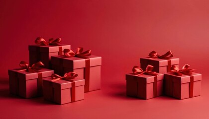 Obraz premium Red gift boxes with shiny ribbons arranged artistically on a vibrant red background, creating a festive atmosphere perfect for celebrations and special occasions, copyspace