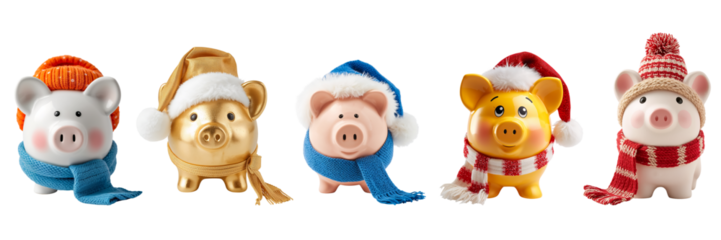 Cute cartoon adorable piggy bank in a hat and scarf isolated on transparent background