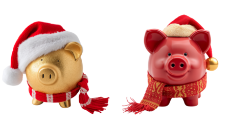 Cute cartoon adorable piggy bank in a hat and scarf isolated on transparent background