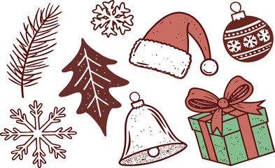 A festive vector set of Christmas icons, symbols, and elements including a gift box, tree, star, and snowman for holiday celebration design