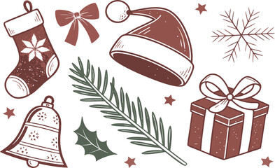 Vector set of Christmas holiday icons, symbols, and decoration elements featuring gifts, tree, snowman, cake, and star for winter celebration design