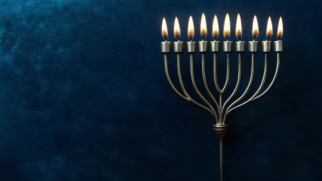 Lit nine branched menorah with burning candles against a dark blue textured background