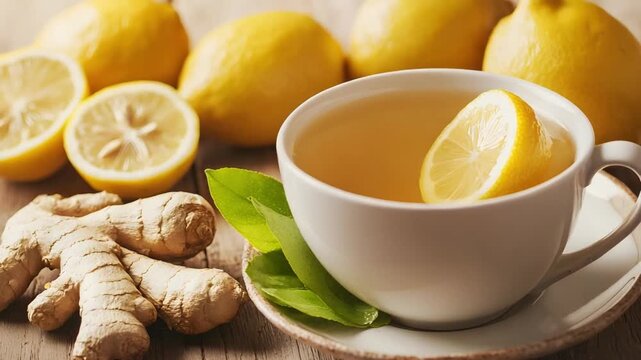 A warm beverage in a white cup with a lemon slice fresh ginger root and whole lemons nearby