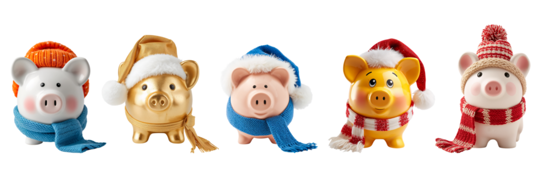 Cute cartoon adorable piggy bank in a hat and scarf isolated on transparent background - Powered by Adobe
