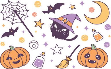 A fun vector cartoon Halloween seamless pattern set with spooky pumpkins, bats, ghosts, and witch hats in black and orange