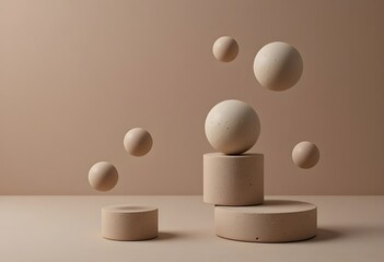A serene composition of floating ceramic spheres and cylinders in matte earthy tones, perfectly balanced over a soft clay background