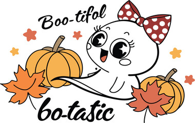 Happy Halloween card with autumn pumpkin and cat vector illustration