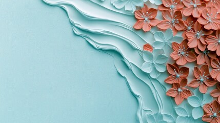 A decorative composition featuring a painted texture with coral and blue flowers, creating a visually appealing floral arrangement.
