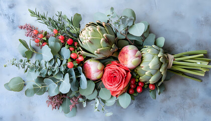 A floral bouquet of fresh vegetables, artichokes, roses, eucalyptus, rustic house style, smooth surface, background is ideal for creating a corporate identity.