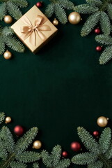 Christmas or New Year background with gift box and fir branch decorations on dark green velvet backdrop. empty copy space for text.holiday and celebration concept for postcard or invitation. top view 
