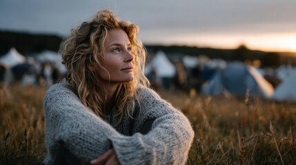 A thoughtful woman sits by a festival with tents, lost in her thoughts while enjoying the sunset glow over the horizon that reflects peace and serenity amidst nature.