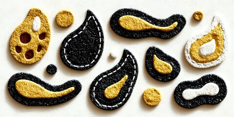 Handcrafted felt paisley motifs in black and gold with white stitching details, arranged on neutral background for textile embellishment or craft projects.