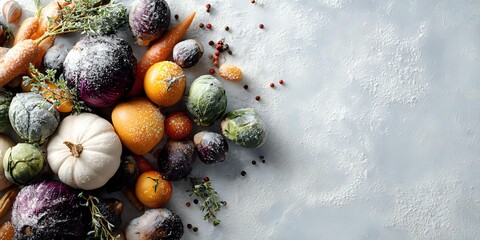 Colorful autumn harvest of fresh vegetables and fruits on light gray background, perfect for seasonal cooking and healthy eating.