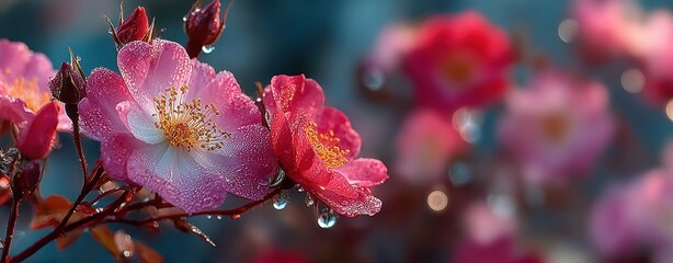Vibrant pink flowers with droplets of water.