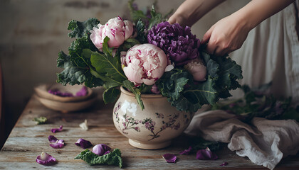 Close-up of a hand placing a bouquet of peonies, kale leaves and purple cabbage. Rustic style with linen napkins. Banners. Naturalism, seasonality, conscious consumption. For wedding, home, picnic
