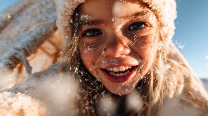 This delightful image captures a young girl with snow-kissed hair and bright eyes, joyfully playing in the snow, perfectly encapsulating childhood happiness and winter fun.