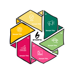 6 step infographic presentation template with vector icons and business illustrations. 6 option presentation infographic. Vector EPS