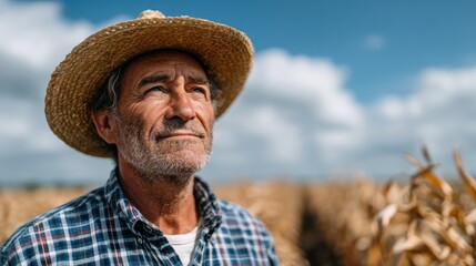 Fototapeta premium A thoughtful farmer gazes over a cornfield, embodying strength, dedication, and a deep connection to the land in a peaceful rural landscape.