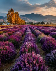 Fototapeta premium Vibrant lavender fields under a serene sky.