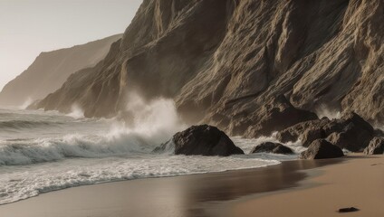 Coastal landscape features rugged cliffs meeting a sandy beach with waves crashing under soft light