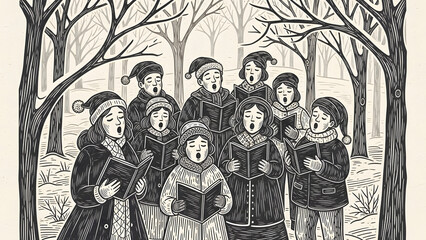 Vintage Engraving Style Illustration of Christmas Carolers Singing in a Snowy Forest
