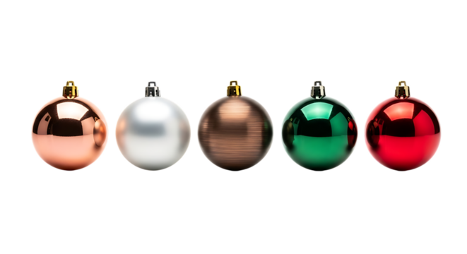 Five shiny christmas baubles in copper silver bronze green and red isolated on transparent background